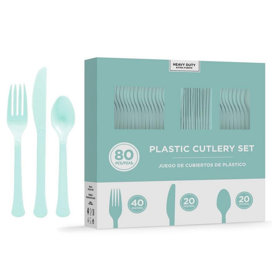 Robin's Egg Blue Heavy-Duty Plastic Cutlery Set for 20 Guests, 80ct